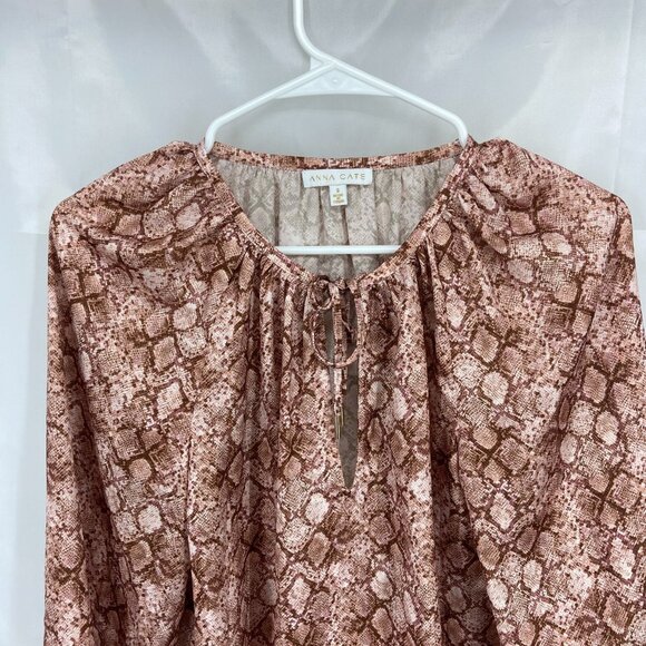 Anna Cate Women S Blouse Snakeskin Print Long Sleeve Oversized Keyhole Tie Neck - Picture 2 of 9